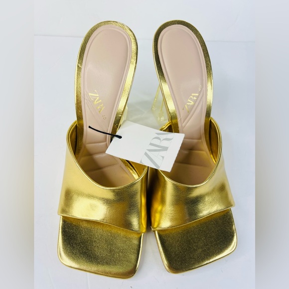 ZARA Gold Methacrylate High Heel Open Square Toe Mules 3805 010 091 - SZ 40 / 9 - Picture 2 of 5
